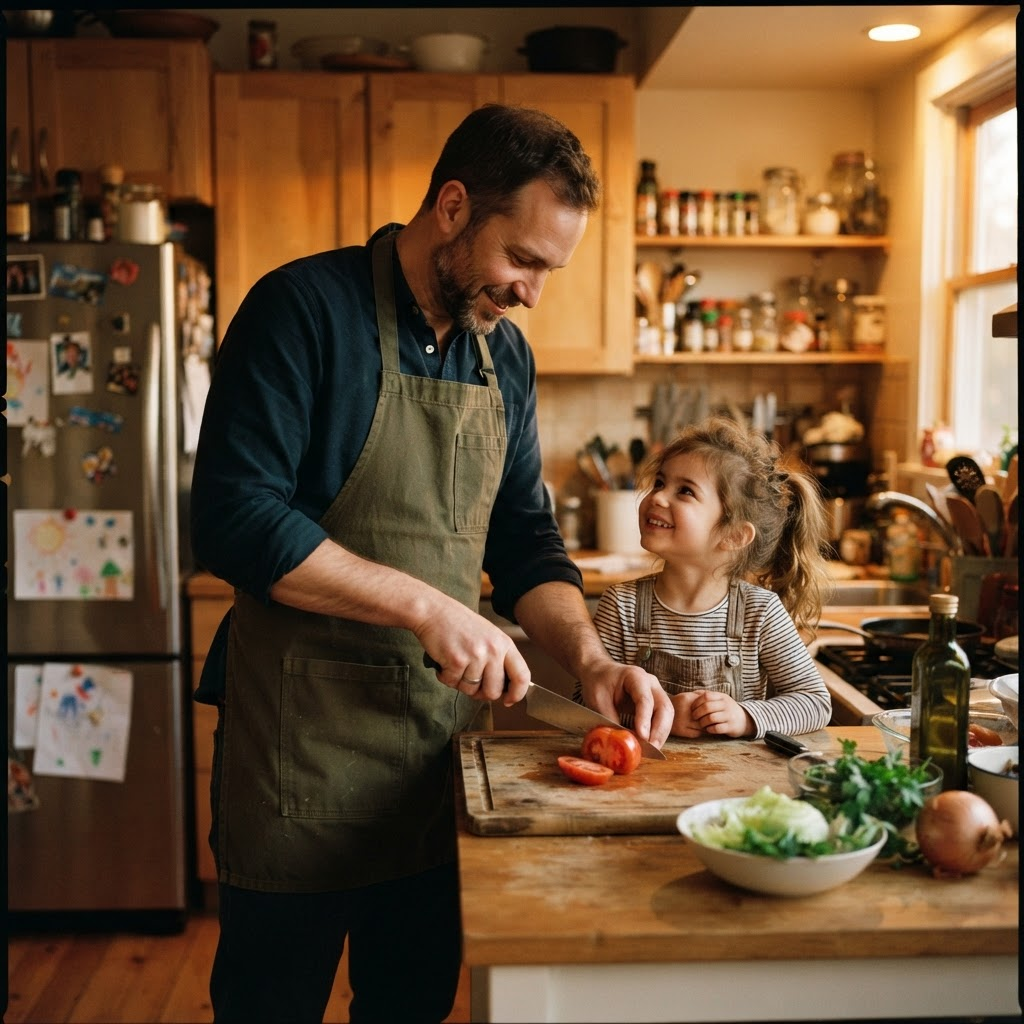 Un padre con delantal cocina junto a su hija, que le acompaña sonriente.