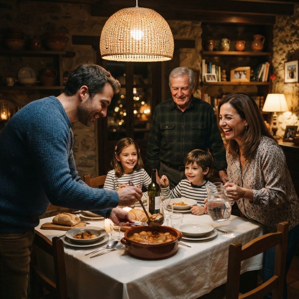 Una familia de varias generaciones comparte la cena mientras se reparten servir la mesa.